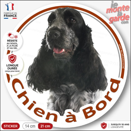 Cocker Anglais bleu, sticker autocollant rond "Chien à Bord" vitre voiture photo, résiste dehors, idée cadeau