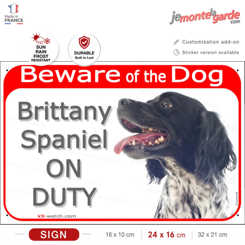 Red Portal Sign "Beware of the Dog, black & white Brittany Spaniel on duty" gate plate photo notice Wiegrief french Red Portal Sign "Beware of the Dog, black & white Brittany Spaniel on duty" gate plate photo notice Wiegrief french