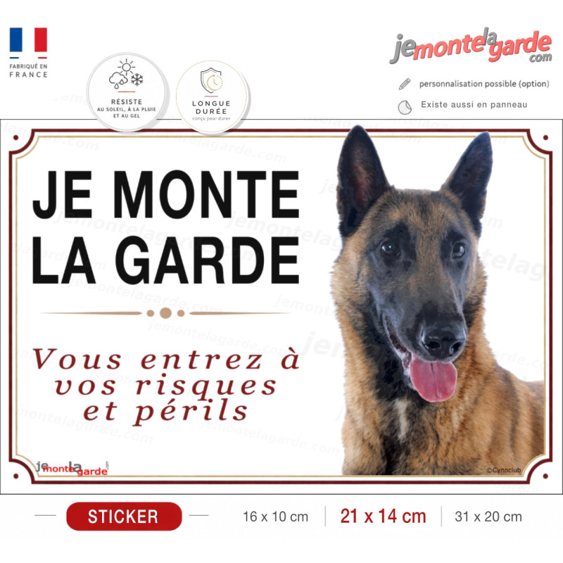 Sticker Malinois fauve charbonné "JE MONTE LA GARDE" pour portail, fabrication française durable
