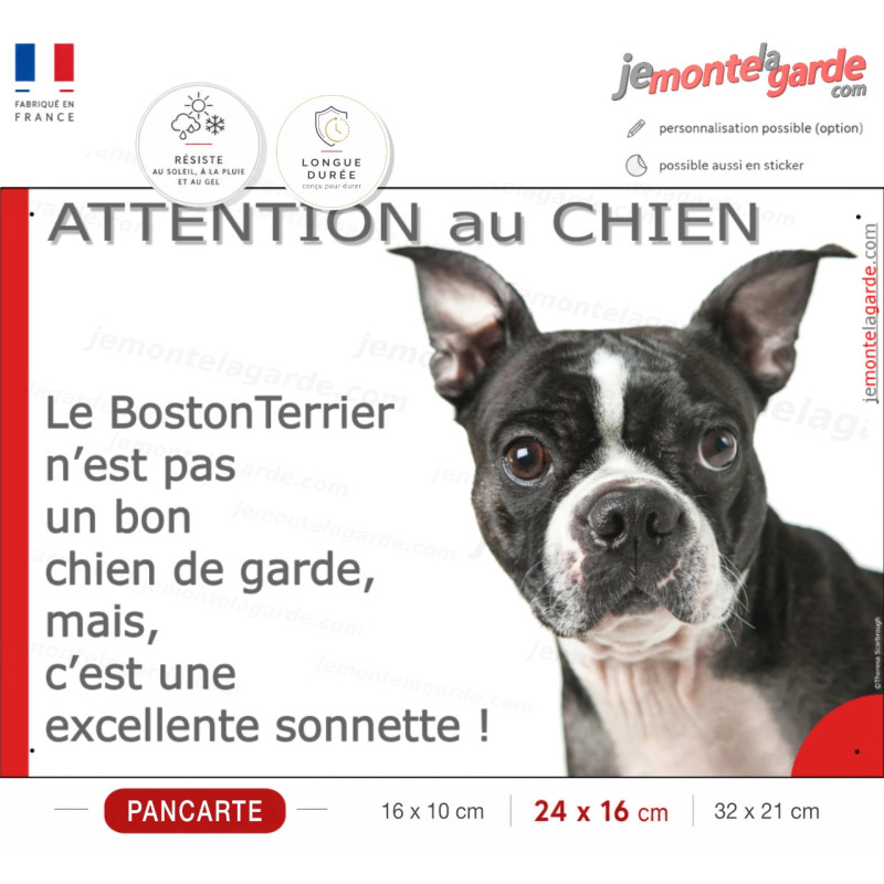 Plaque portail humour "Attention au Chien, notre Boston Terrier est une sonnette" photo, résiste pluie soleil gel, idée cadeau Plaque portail humour "Attention au Chien, notre Boston Terrier est une sonnette" photo, résiste pluie soleil gel, idée cadeau