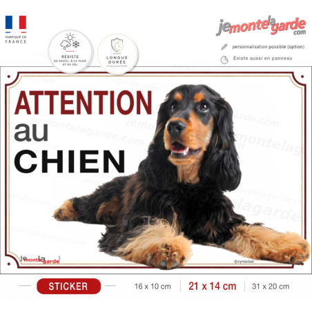 Sticker Cocker Spaniel anglais noir et feu "ATTENTION au CHIEN" pour portail, fabrication française durable