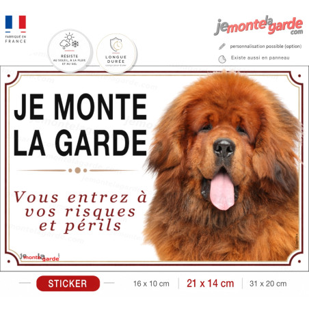 Sticker Dogue du Tibet rouge soutenu "JE MONTE LA GARDE" pour portail, fabrication française durable