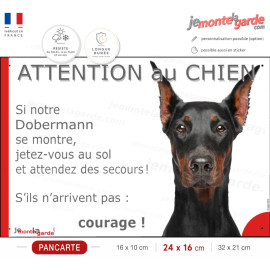Dobermann noir et feu oreilles taillées, Panneau portail "Attention au Chien, se montre, jetez-vous au sol et attendez secours"