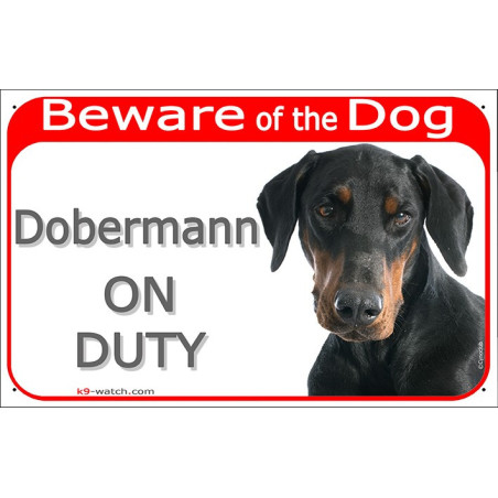 Realistic Dobermann warning sign with the bold message “Dobermann ON DUTY” and a natural black and tan portrait.