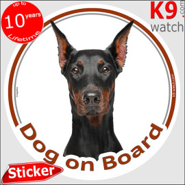 Cropped-ear black and tan Dobermann “Dog on Board” sticker with a perfectly symmetrical front portrait.