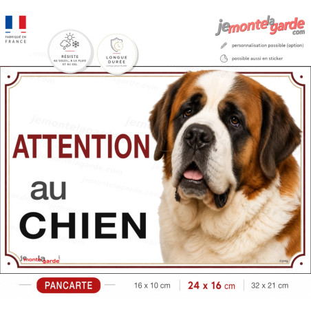 Pancarte Saint-Bernard à poil long "ATTENTION au CHIEN" pour portail, fabrication française durable