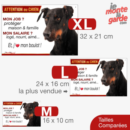Dobermann, plaque humour "Attention au Chien, j'aime mon boulot" 3 Tailles JOB