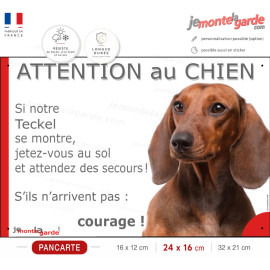 Teckel poils lisses fauve marron, plaque portail humour "Attention au chien, Jetez Vous au Sol, courage" photo, résiste dehors