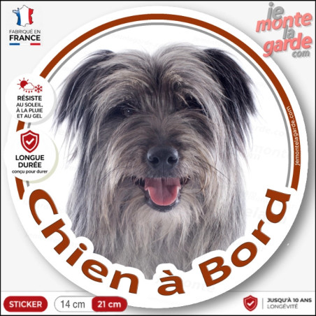 Labrit, Berger des Pyrénées gris bleu Tête, sticker autocollant rond "Chien à Bord" Disque adhésif vitre voiture photo arlequin