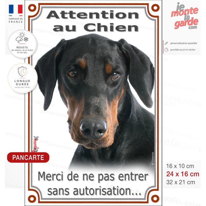 Dobermann noir et feu, Plaque Portail verticale "Attention au Chien, pas sans autorisation" photo, résiste dehors