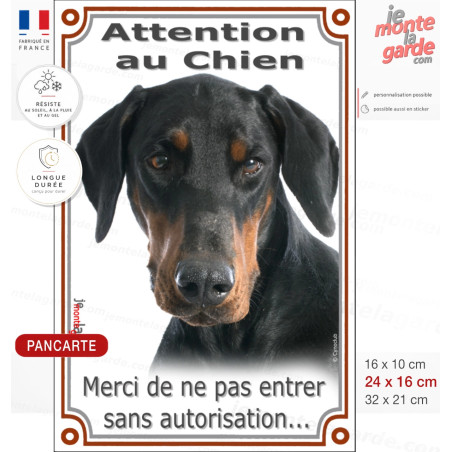 Dobermann noir et feu, Plaque Portail verticale "Attention au Chien, pas sans autorisation" photo, résiste dehors