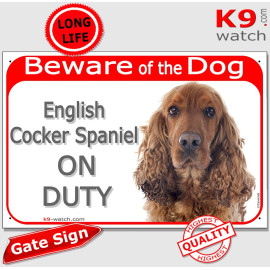 Golden English Cocker Spaniel gate sign displaying “Beware of the Dog” and “English Cocker Spaniel ON DUTY”
