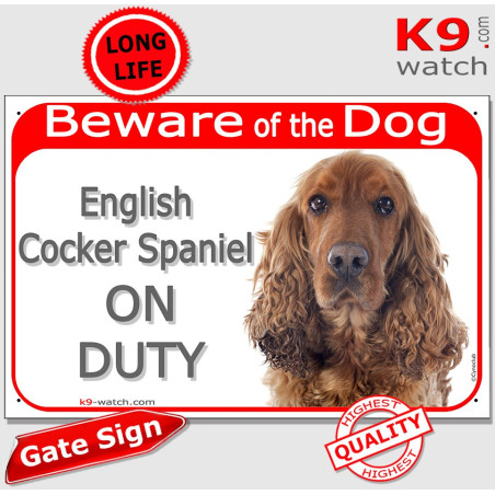 Golden English Cocker Spaniel gate sign displaying “Beware of the Dog” and “English Cocker Spaniel ON DUTY”