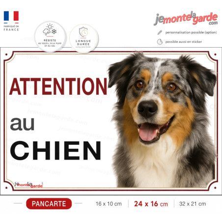Pancarte Berger Australien bleu merle tricolore "ATTENTION au CHIEN" pour portail, fabriquée en France
