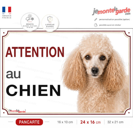 Pancarte Caniche fauve clair "ATTENTION au CHIEN" pour portail, portrait photo, fabriqué en France