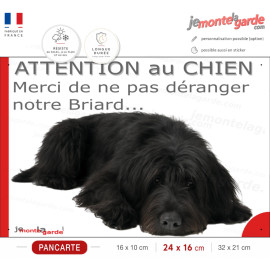Plaque portail humour extérieure "Attention au Chien, Merci de ne pas déranger notre Briard noir". Photo Berger Brie fatigué