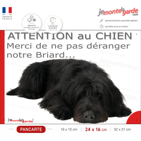Plaque portail humour extérieure "Attention au Chien, Merci de ne pas déranger notre Briard noir". Photo Berger Brie fatigué