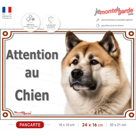 Akita Américain fauve à masque noir, plaque portail photo "Attention au Chien" résiste intempéries