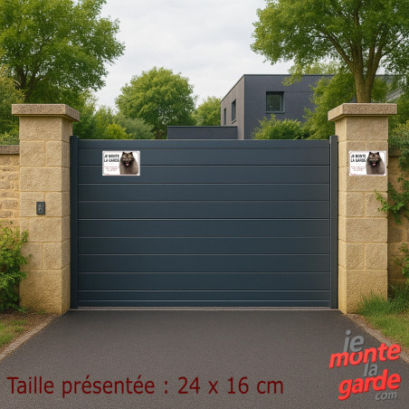 Je monte la garde Spitz-Loup Keeshond, vous entrez à vos risques, Photo installation sur portail entrée Maison