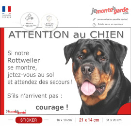 Rottweiler, Sticker humour "Attention au Chien, montre, jetez-vous au sol et attendez secours" drôle photo Patou, résiste dehors