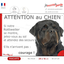 Rottweiler, Panneau extérieur "Attention au Chien, jetez-vous au sol, attendez secours !" photo Rott portail, résiste dehors