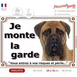 Bullmastiff Fauve photo, Panneau portail "Je Monte la Garde, risques et périls" attention au chien, résiste dehors
