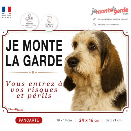 Pancarte Grand Basset Griffon Vendéen "JE MONTE LA GARDE" blanc, noir et fauve pour portail