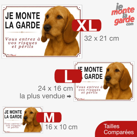 Basset Fauve de Bretagne, plaque portail "JE MONTE LA GARDE risques et périls" 3 Tailles
