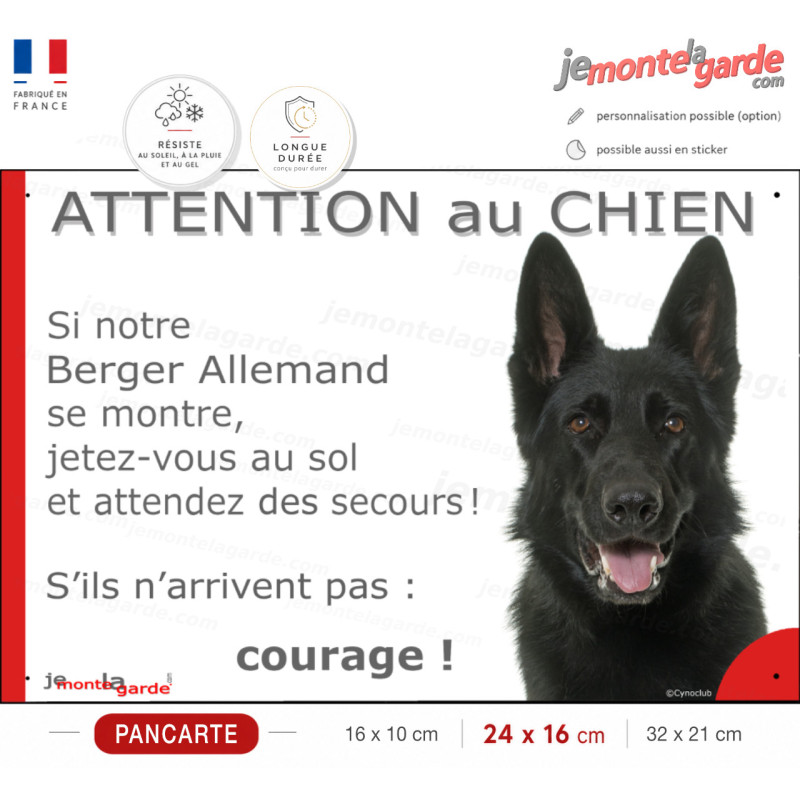 Berger Allemand tout noir poils courts, plaque portail humour "Attention au chien, se montre, Jetez Vous au Sol, courage" photo Berger Allemand tout noir poils courts, plaque portail humour "Attention au chien, se montre, Jetez Vous au Sol, courage" photo