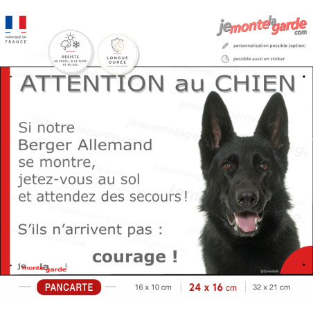 Berger Allemand tout noir poils courts, plaque portail humour "Attention au chien, se montre,  Jetez Vous au Sol, courage" photo