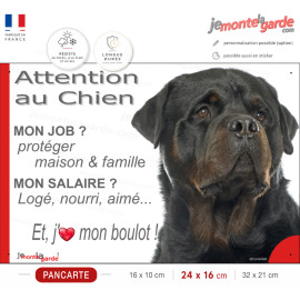Rottweiler, plaque Attention au Chien humour – mon job ? protéger maison & famille – j’aime mon job logé nourri aimé… Rott