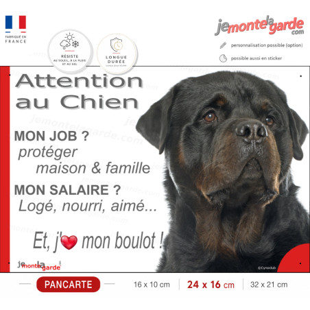Rottweiler, plaque Attention au Chien humour – mon job ? protéger maison & famille – j’aime mon job logé nourri aimé… Rott