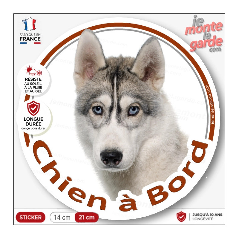 Husky gris et blanc yeux bleus, sticker autocollant rond "Chien à Bord", disque adhésif vitre voiture photo, résiste dehors Husky gris et blanc yeux bleus, sticker autocollant rond "Chien à Bord", disque adhésif vitre voiture photo, résiste dehors