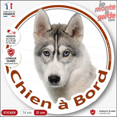 Husky gris et blanc yeux bleus, sticker autocollant rond "Chien à Bord", disque adhésif vitre voiture photo, résiste dehors