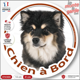 Chien Finnois de Laponie noir et feu, sticker autocollant rond "Chien à Bord" Disque photo Suomenlapinkoira adhésif voiture