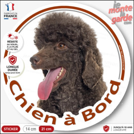 Caniche marron brun chocolat, sticker autocollant rond "Chien à Bord" Disque photo adhésif vitre voiture résiste intempéries