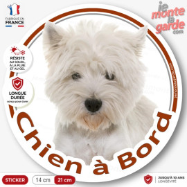 Sticker autocollant rond "Chien à Bord" Westie Tête, adhésif vitre voiture Westy photo, résiste dehors