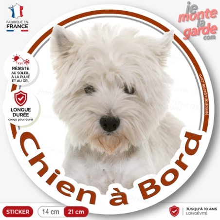 Sticker autocollant rond "Chien à Bord" Westie Tête, adhésif vitre voiture Westy photo, résiste dehors