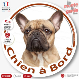 Bouledogue Français Fauve, sticker autocollant rond "Chien à Bord" Disque adhésif photo Bulldog beige sable, résiste dehors