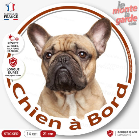 Bouledogue Français Fauve, sticker autocollant rond "Chien à Bord" Disque adhésif photo Bulldog beige sable, résiste dehors