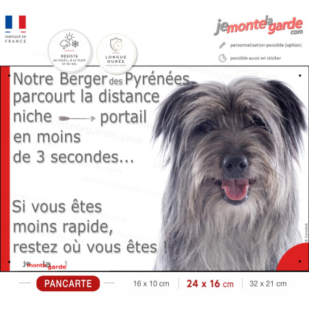 Berger des Pyrénées gris plaque humour "parcourt distance Niche-Portail moins 3 secondes" photo Labrit, résiste dehors
