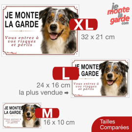 Berger Australien bleu merle, plaque portail "JE MONTE LA GARDE, risques et périls" 3 Tailles