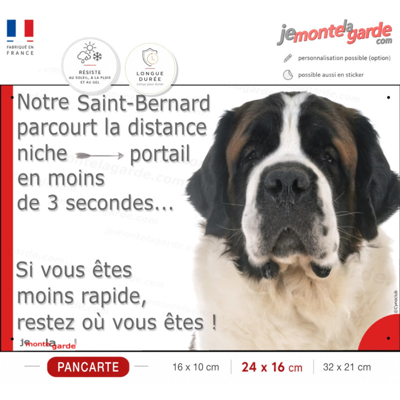 Saint-Bernard, plaque humour "parcourt distance Niche-Portail moins 3 secondes, rapide" photo attention au chien, résiste dehors