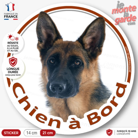 Berger Allemand noir et feu poils courts, sticker autocollant rond "Chien à Bord" voiture, vitre auto photo, résiste dehors