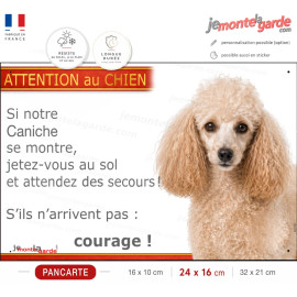 Pancarte Caniche champagne "Si notre Caniche se montre, jetez-vous au sol !" résistante dehors, fabriquée en France, idée cadeau