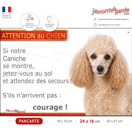 Pancarte Caniche champagne "Si notre Caniche se montre, jetez-vous au sol !" résistante dehors, fabriquée en France, idée cadeau