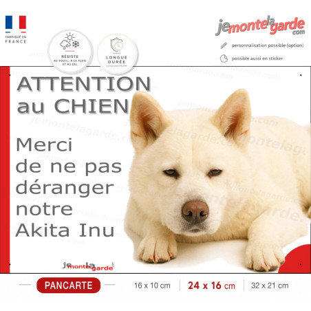 Plaque portail humour extérieure "Attention au Chien, Merci de ne pas déranger notre Akita Inu tout blanc" Photo drôle fatigué