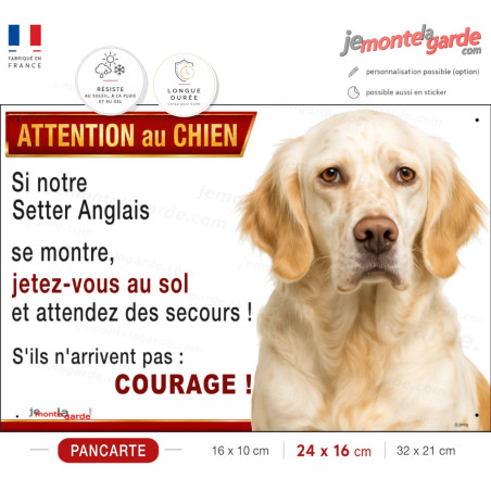 Pancarte Setter Anglais lemon "jetez-vous au sol et attendez des secours !" résistante dehors et fabriquée en France