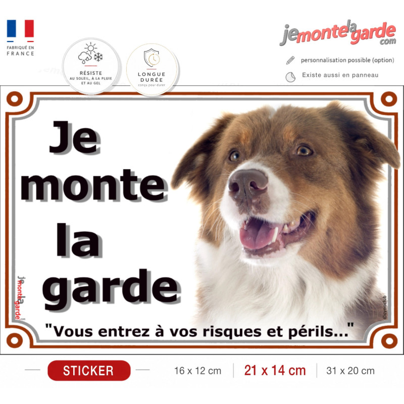 Berger Australien tricolore rouge, panneau autocollant "Je Monte la Garde, risques périls" portail entrée photo, résiste dehors