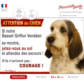 Pancarte Basset Griffon Vendéen "jetez-vous au sol et attendez des secours !" résistante dehors et fabriquée en France